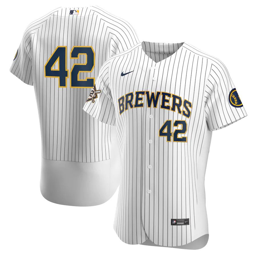 Cheap Mens Milwaukee Brewers 42 Nike White Navy Home Jackie Robinson Day Authentic MLB Jerseys